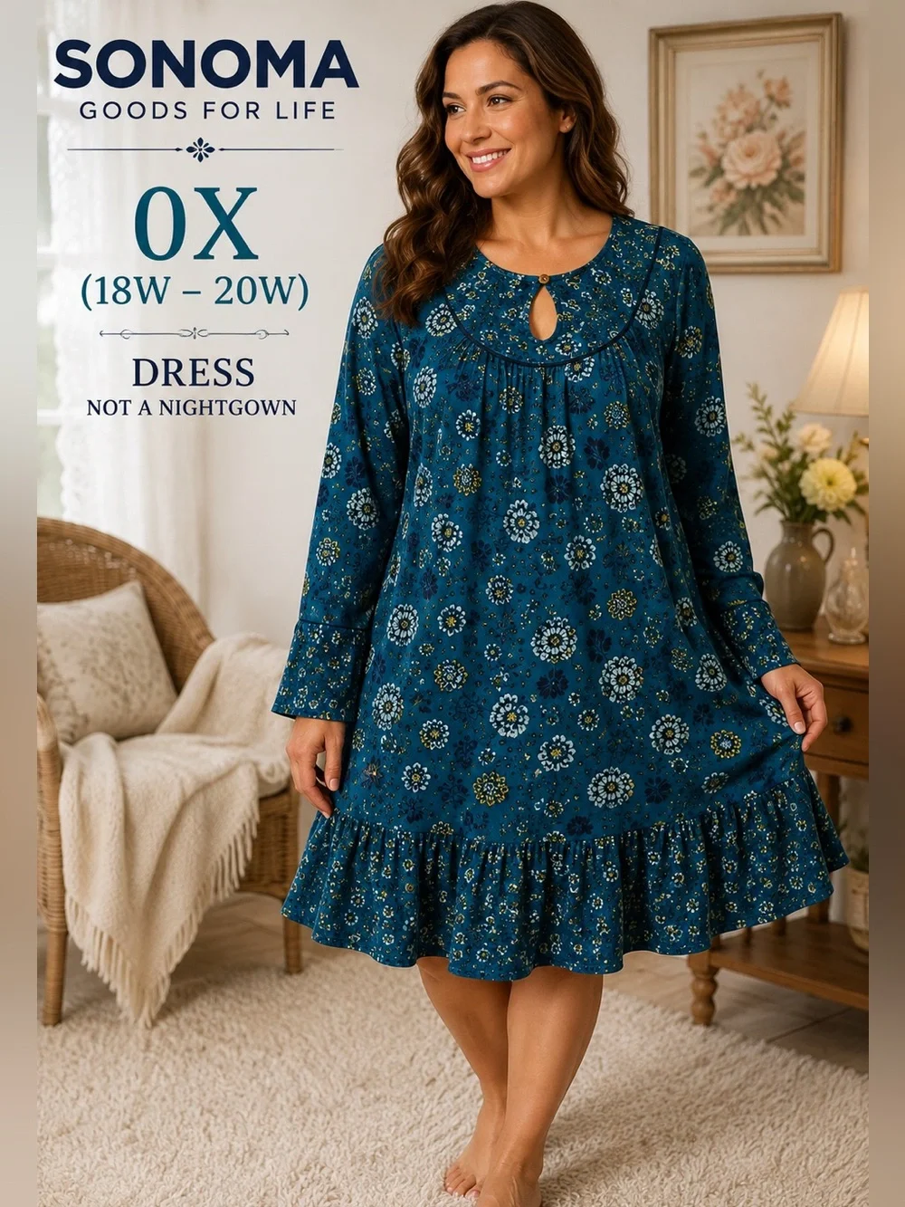 Sonoma Blue Floral Peasant Dress 0X 12W/14W Boho Rayon